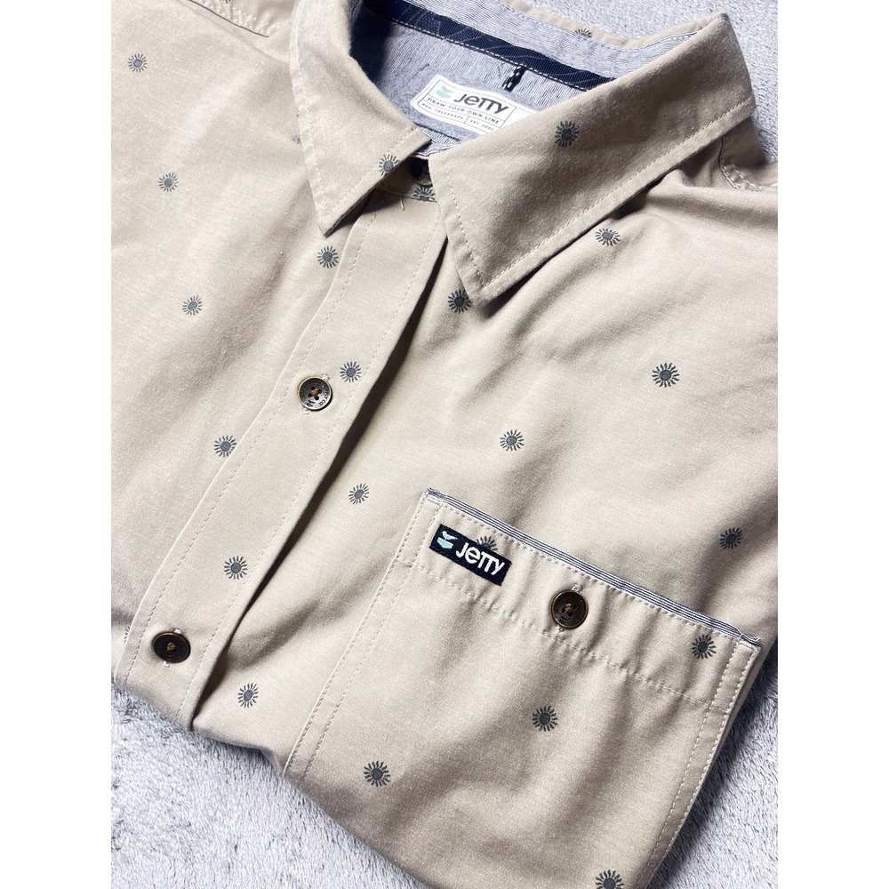 Jetty Shirt Mens XL Draw Your Own Line Tan Button Pocket‎ All Over Print